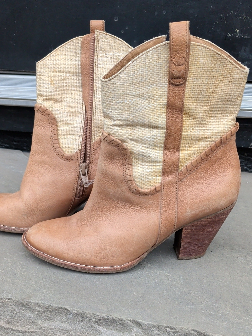 Jack Rogers Womens Tan Leather & Woven Mid-Calf Heeled Western Boots